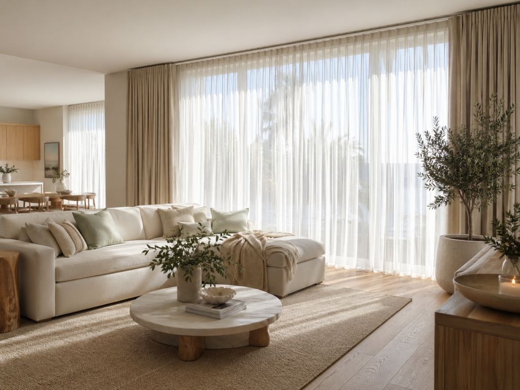 Layered sheer curtains and blockout curtains in a modern Australian living room