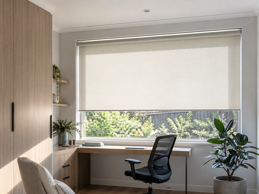 Modern roller blind installed in an Australian home office window