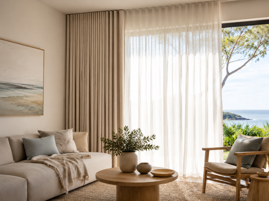 Layered sheer and blockout curtains in a modern living space