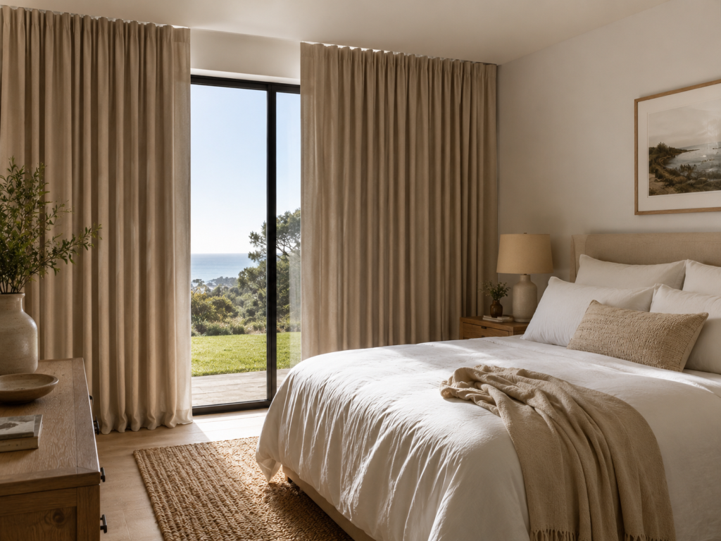 Neutral blockout curtains in a calm coastal bedroom