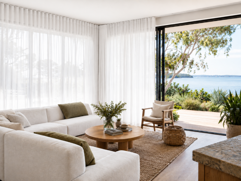 White sheer curtains in a Sorrento coastal style interior