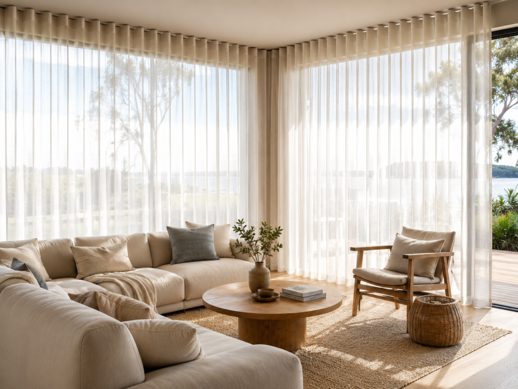 S-fold sheer curtains in a light filled living room
