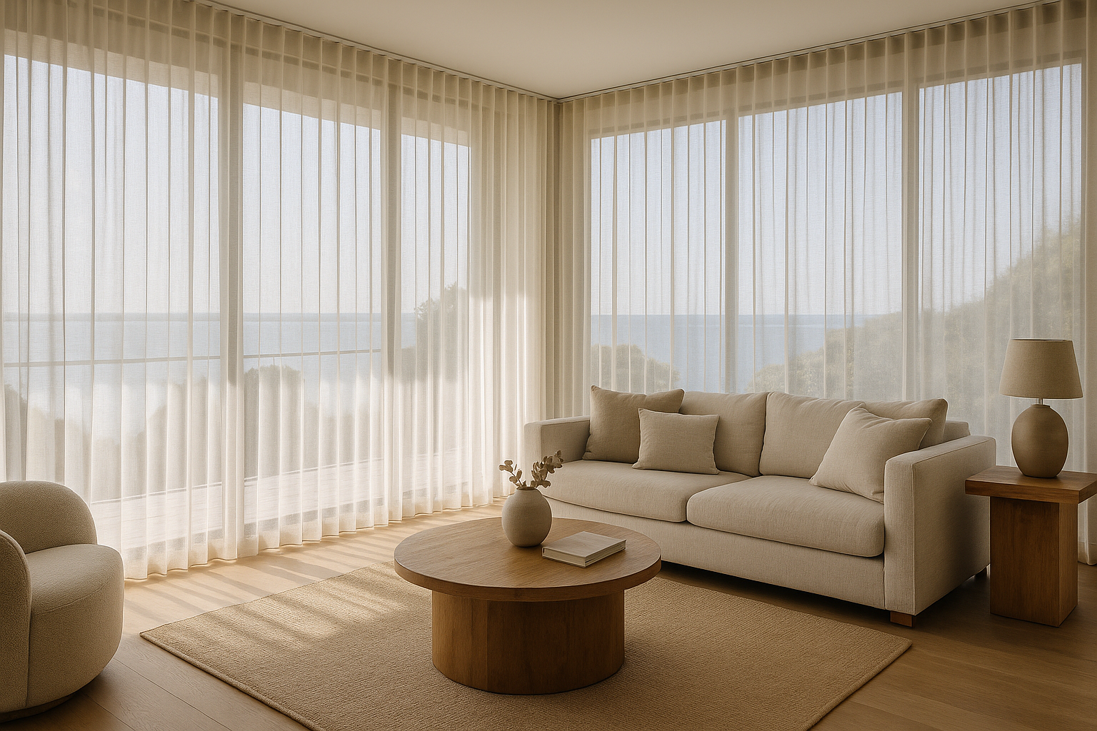 how to measure curtains Australia - floor-to-ceiling sheer curtains in a coastal living room in Mornington